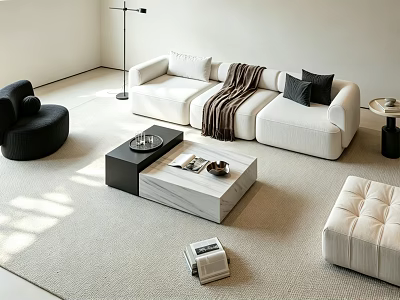 Modern Minimalist Sofa and Coffee Table Set with White Upholstery Black Pillows and Beige Carpet 3d model