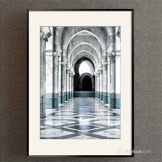 Framed Black and White Architectural Landscape Painting of Arched Corridor with Columns and Geometric Floor 3d model 