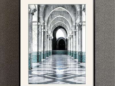 Framed Black and White Architectural Landscape Painting of Arched Corridor with Columns and Geometric Floor 3d model