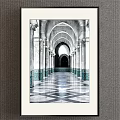Framed Black and White Architectural Landscape Painting of Arched Corridor with Columns and Geometric Floor
