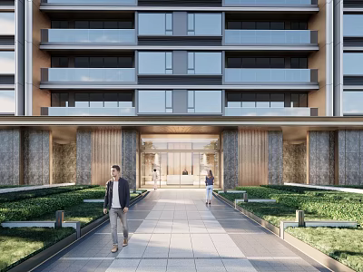 Elegant Modern Residential Building With Glass Curtain Walls Balconies Stone Entrance And Landscaped Walkways 3d model