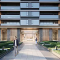 Elegant Modern Residential Building With Glass Curtain Walls Balconies Stone Entrance And Landscaped Walkways 3d model