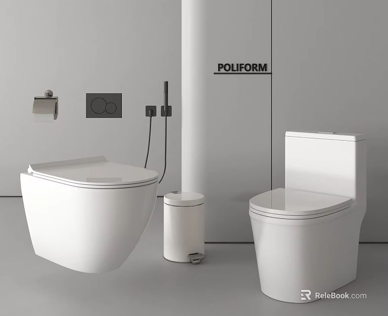 Modern Poliform Toilets Featuring Sleek Design Flush Plate and Toilet Brush 3d model 