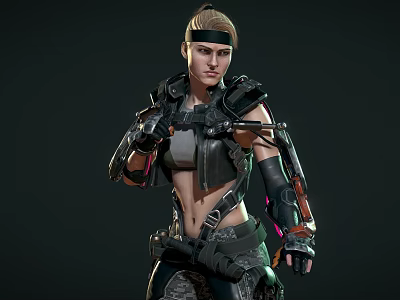 Futuristic Woman Wearing Tactical Combat Gear With Mechanical Arm And Armor 3d model