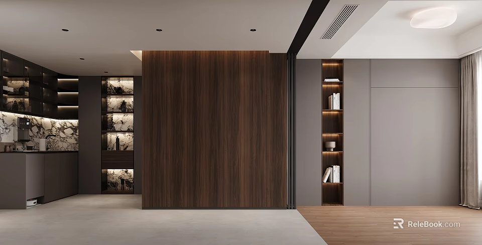 Modern Elegant Entertainment Room Interior Design With Wooden Wall Built in Bookshelves And Cabinets 3d model 