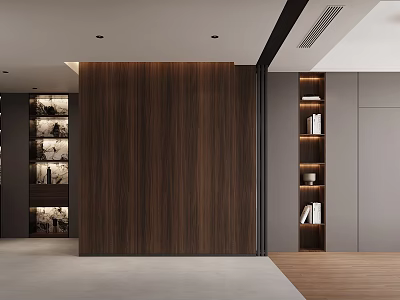 Modern Elegant Entertainment Room Interior Design With Wooden Wall Built in Bookshelves And Cabinets 3d model