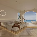 Hotel Guest Room With Arched Window Sea View King Bed TV And Wooden Floor