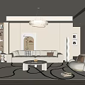 Modern Living Room With White Sofa Black And White Patterned Rug Chandelier And Wall Artwork