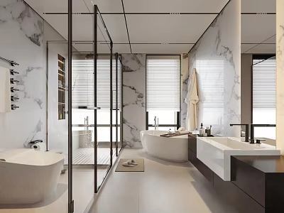 Modern Minimalist Marble Bathroom Interior With Freestanding Tub Glass Shower Enclosure And Sleek Floating Vanity 3d model