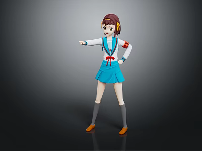 Anime School Girl Character Wearing Blue White Uniform With Headphones Pointing Side Pose 3d model