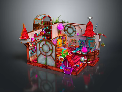 Enchanted Cartoon Scene Interior With Red Pointed Roofs Round Windows And Magic Potions 3d model