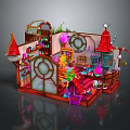 Enchanted Cartoon Scene Interior With Red Pointed Roofs Round Windows And Magic Potions