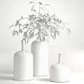Three Blue Ceramic Vases With Green Leaves For Home Decorative 3d model