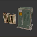 Green Electrical Cabinet And Golden Metal Fence In Outdoor Utility Setup