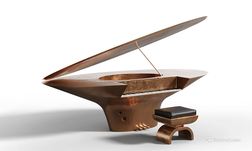 Unique Copper Piano Musical Instrument With Modern Design And Black Stool 3d model 
