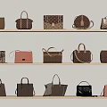 Stylish Assorted Designer Bags Displayed on Wooden Shelves with Various Colors and Patterns