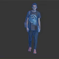Man in Graphic Print T-shirt Carrying Patterned Backpack Holding Notebook Gray Pants Orange Shoes
