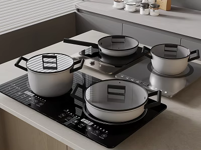 Modern Black Induction Cooktop With Multiple Pots And Lids On Kitchen Counter 3d model