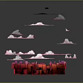 Cartoon Fantasy Scene With Red Toned Tall Block Structures Light From Above And Scattered Stones