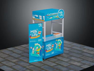 Blue Milk Life Promotion Stand With Product Displays And Brand Logo 3d model