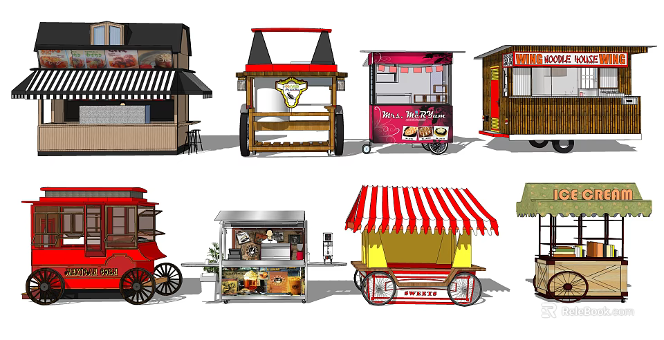 Functional Mobile Food Carts With Various Designs Striped Awnings And Vending Windows 3d model 