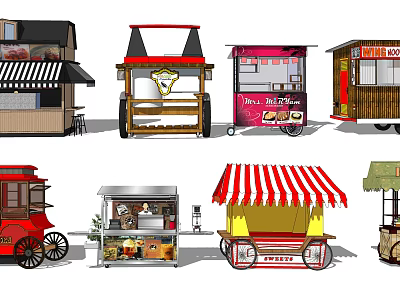 Functional Mobile Food Carts With Various Designs Striped Awnings And Vending Windows 3d model