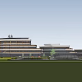 Modern Office Building Exterior With Multiple Structures Greenery Sports Courts And Parking