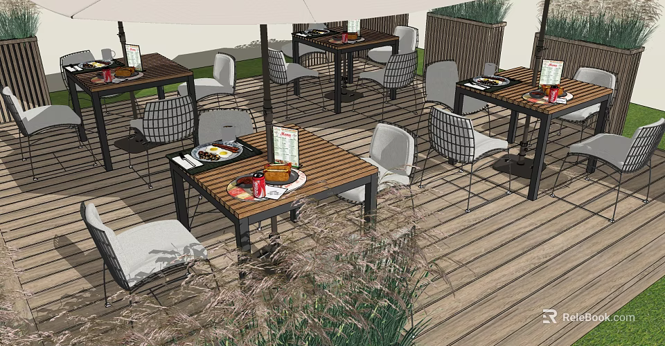 Outdoor Patio Wooden Table And Metal Chair Set With White Cushions Dining Items 3d model 