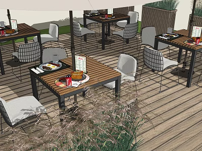 Outdoor Patio Wooden Table And Metal Chair Set With White Cushions Dining Items 3d model