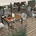 Outdoor Patio Wooden Table And Metal Chair Set With White Cushions Dining Items