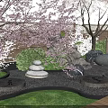 Karesansui Garden With Cherry Blossom Red Maple Trees Bamboo Fence Wooden Platform And Tea Set