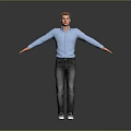 Man in blue shirt dark jeans and white sneakers with arms outstretched against gray background
