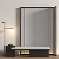 Modern Bench With White Cushion Dark Frame And Grid Screen Near Floor Lamp 3d model
