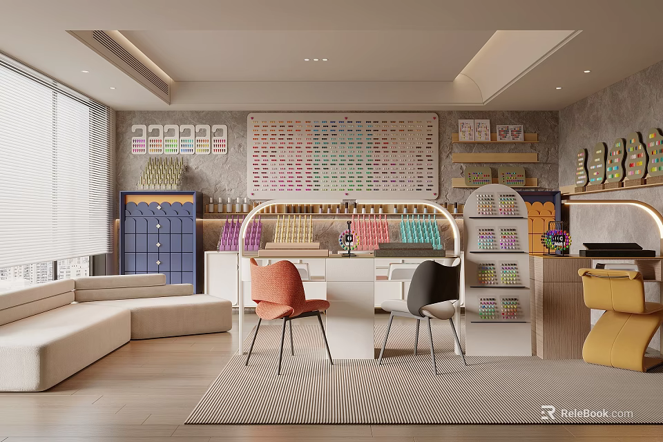 Stylish Cozy Beauty Nail Salon Interior With Complete Nail Polish Displays And Comfortable Rest Area 3d model 