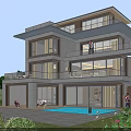 Modern Detached Villa With Large Windows Balconies Swimming Pool And Garden Greenery