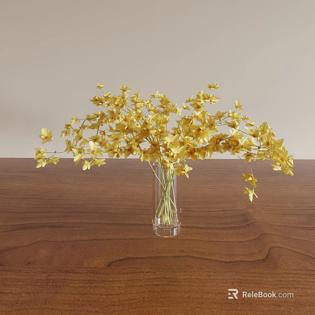 Elegant Yellow Flower Arrangement In Transparent Vase On Wooden Table Home Decor 3d model 