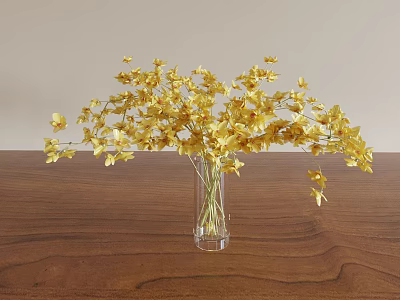 Elegant Yellow Flower Arrangement In Transparent Vase On Wooden Table Home Decor 3d model