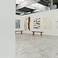 Modern Art Gallery Featuring Various Paintings Sculptures On Pedestals Tables Chairs And Gray Floor