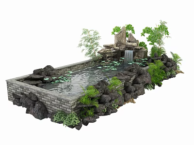 Garden Ornament Featuring Water Pond With Lotus Leaves Rocks Rockery Small Waterfall And Green Plants 3d model