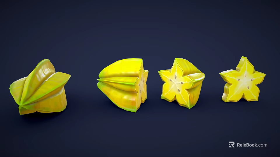 Fresh Yellow Star Fruit Sliced Into Star Shaped Sections On Dark Background 3d model 