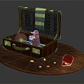 Open Brown Suitcase With Stuffed Toy Silver Plate Striped Cloth On Wood Table Red Notebook Coins