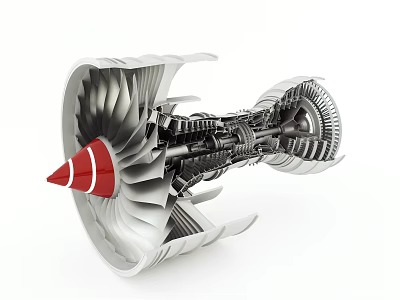 Detailed Cutaway View of Turbine Engine Featuring Red Cone and Metallic Internal Structure 3d model