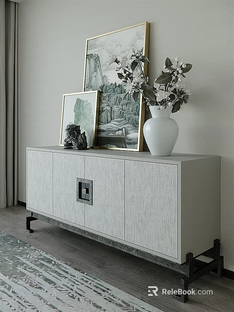 Modern Entryway Console Table With Sleek Design And Decorative Vase Picture Frames Sculpture 3d model