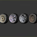 Stylish Car Alloy Wheels With Colorful Rims And Shiny Reflective Design On Black Background
