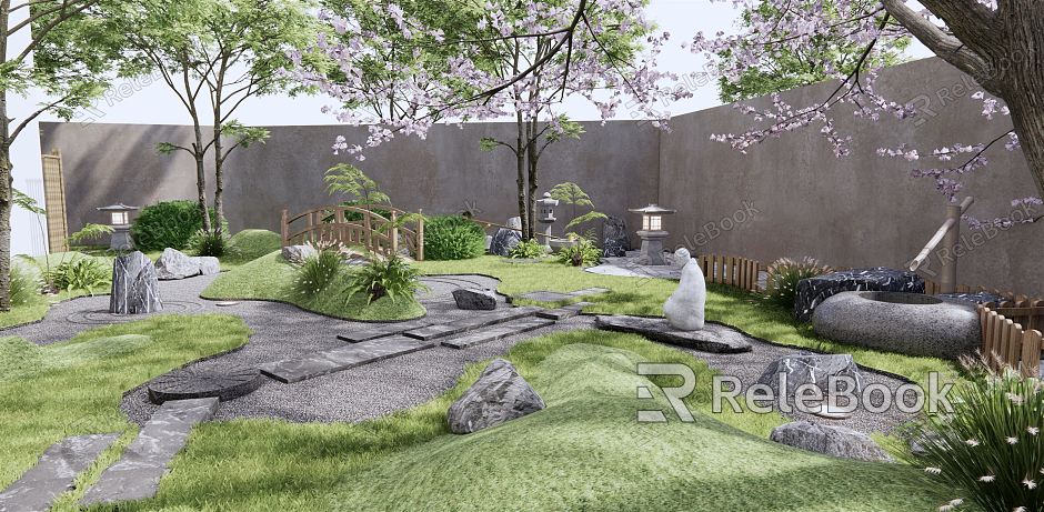 Japanese-style courtyard dry landscape courtyard landscape Zen gardening cherry tree landscape stone wooden fence rockery stone landscape tree shrubs green plants model