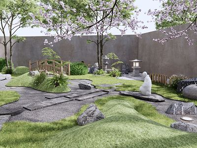 Japanese-style courtyard dry landscape courtyard landscape Zen gardening cherry tree landscape stone wooden fence rockery stone landscape tree shrubs green plants model