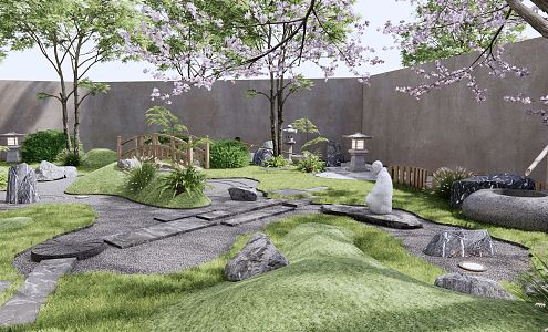 Japanese-style courtyard dry landscape courtyard landscape Zen gardening cherry tree landscape stone wooden fence rockery stone landscape tree shrubs green plants 3d model