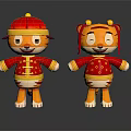 Two Cute Tiger Dolls Dressed In Red Chinese Traditional Clothing With Hat And Ears