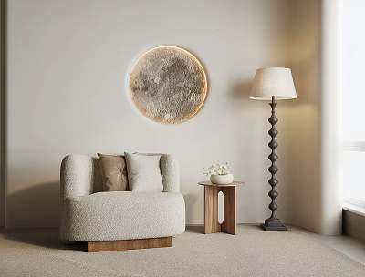 Cozy Single Sofa In Beige Bouclé With Wooden Table Floor Lamp And Circular Wall Art 3d model
