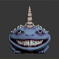 Game And Movie Character Blue Spiked Creature With Cone Shaped Horn And Large Teeth